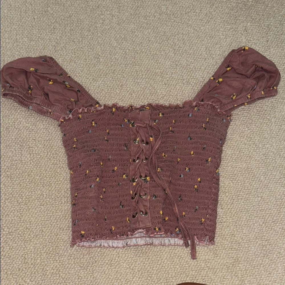 American Eagle Outfitters Lace-Up Floral Crop Top - Mauve